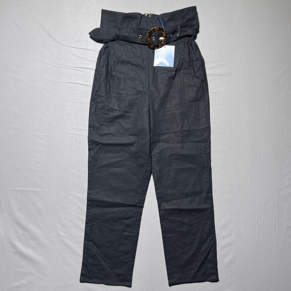 Majorelle Belted High Waist Black Trouser Pants High Rise Size M Linen‎ Blend
